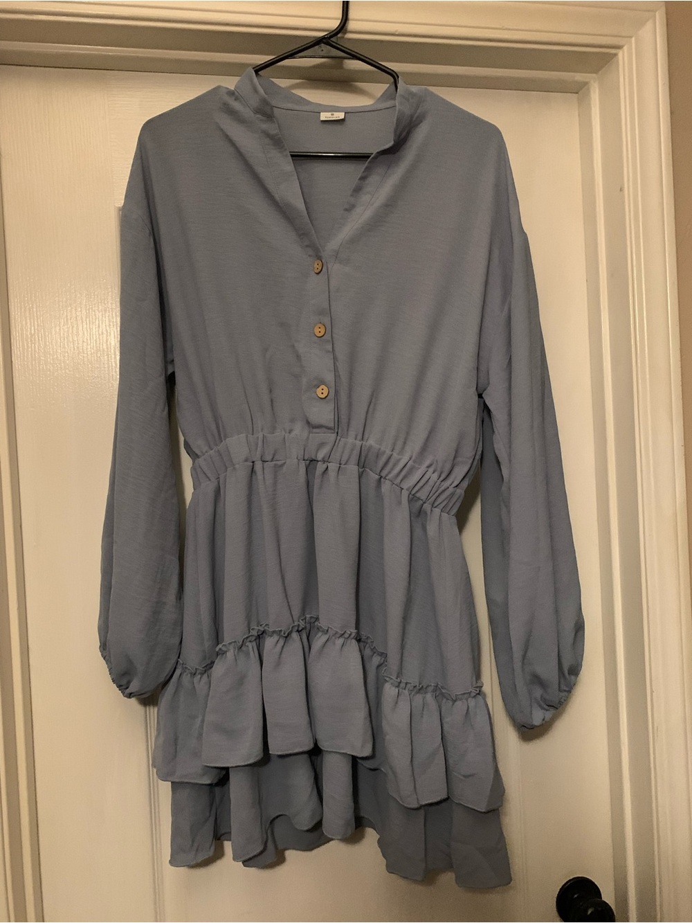 Light Blue Long-Sleeve Tiered V-Neck Dress